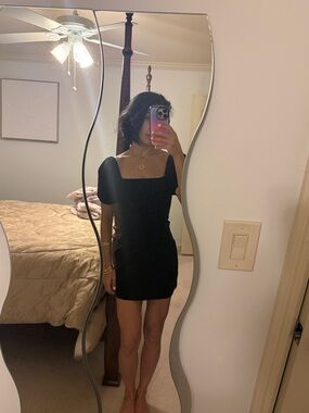 Square Neck Black Mini Dress with Puff Sleeves